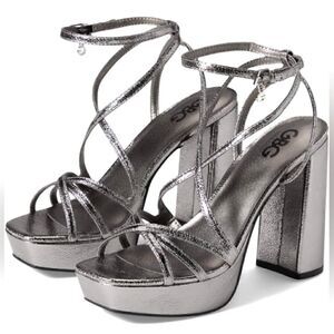 Metallic Silver High Heel Chunky Strappy Party Shoes SZ 40 Prom GBG Los Angeles